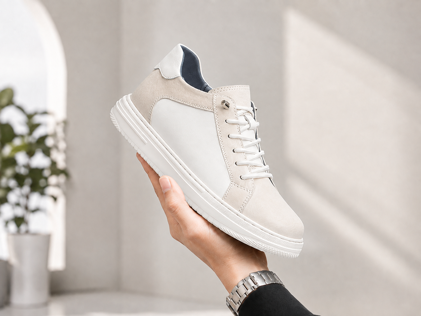 Sneakers rehaussantes blanc laiteux portées avec un jean noir